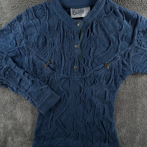 COOGI Blues Authentic Women Sweater Knit Pullover Blue Medium Cotton Henley - Picture 1 of 16